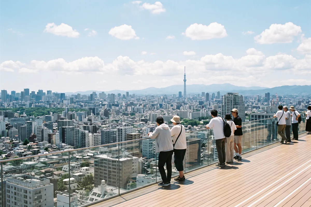 The open-air rooftop deck at Shibuya Sky looking out over Tokyo by day